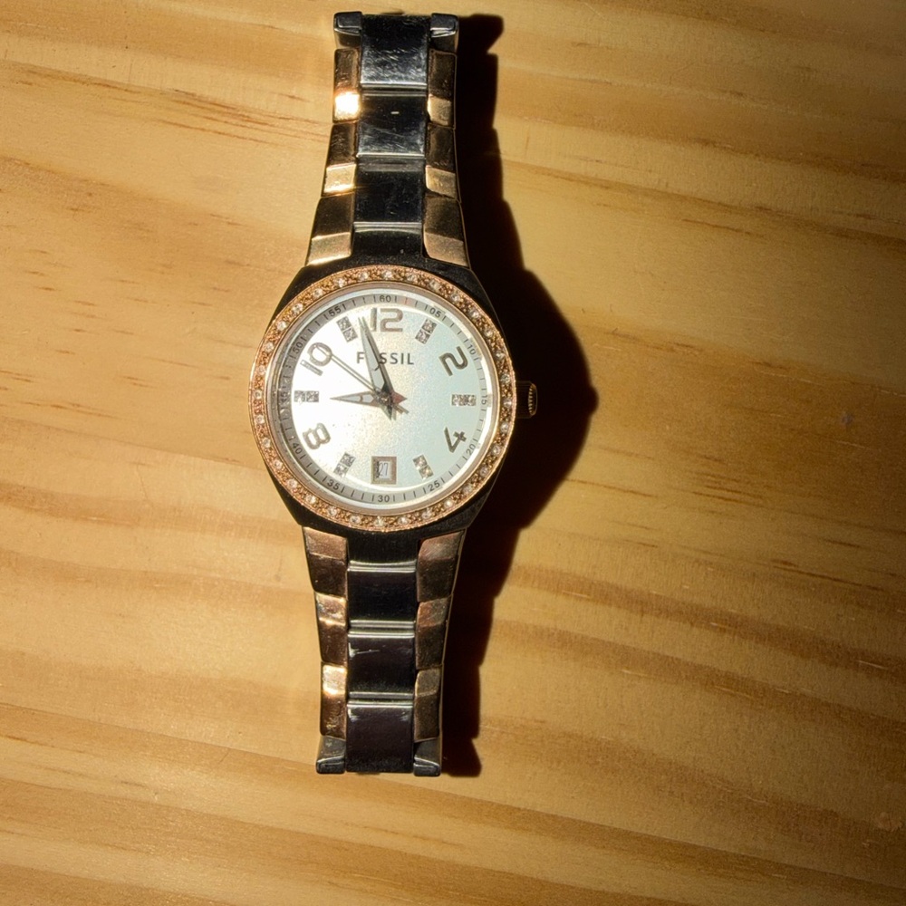 Fossil Silver and Gold Watch with Crystal Bezel